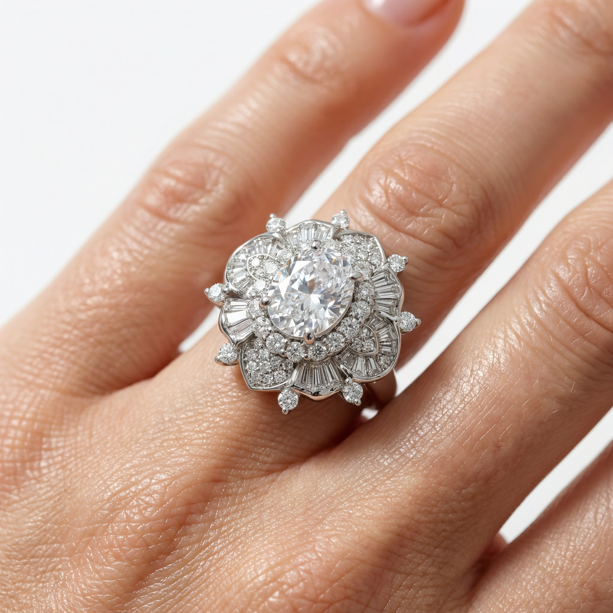 Bloom Burst Ring with White Oval Stone – on White Gold