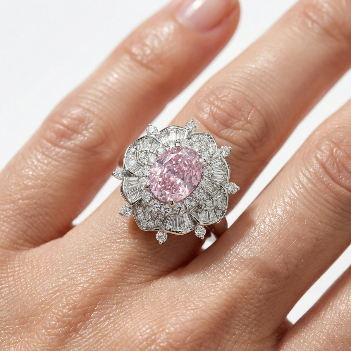 Bloom Burst Ring with Pink Oval Stone – on White Gold
