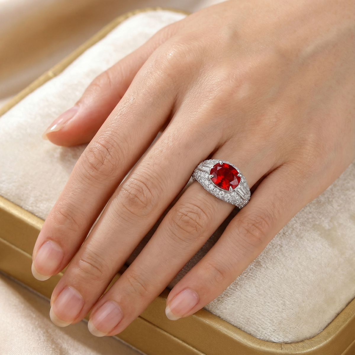 White Gold Plated Sterling Silver Multi-Stone Ring with Red Ruby