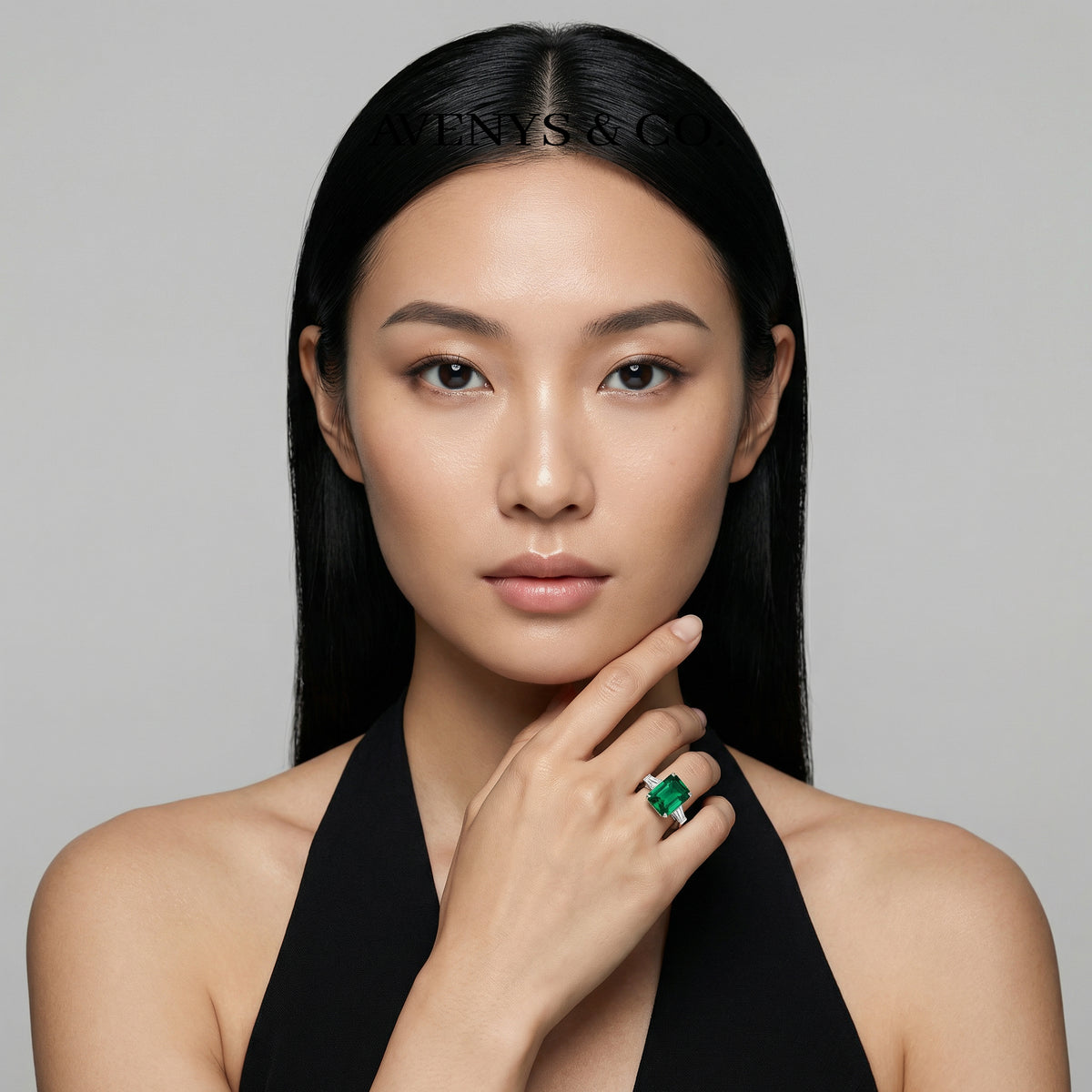 Radiant Trilogy Ring with Green Radiant Stone – on White Gold
