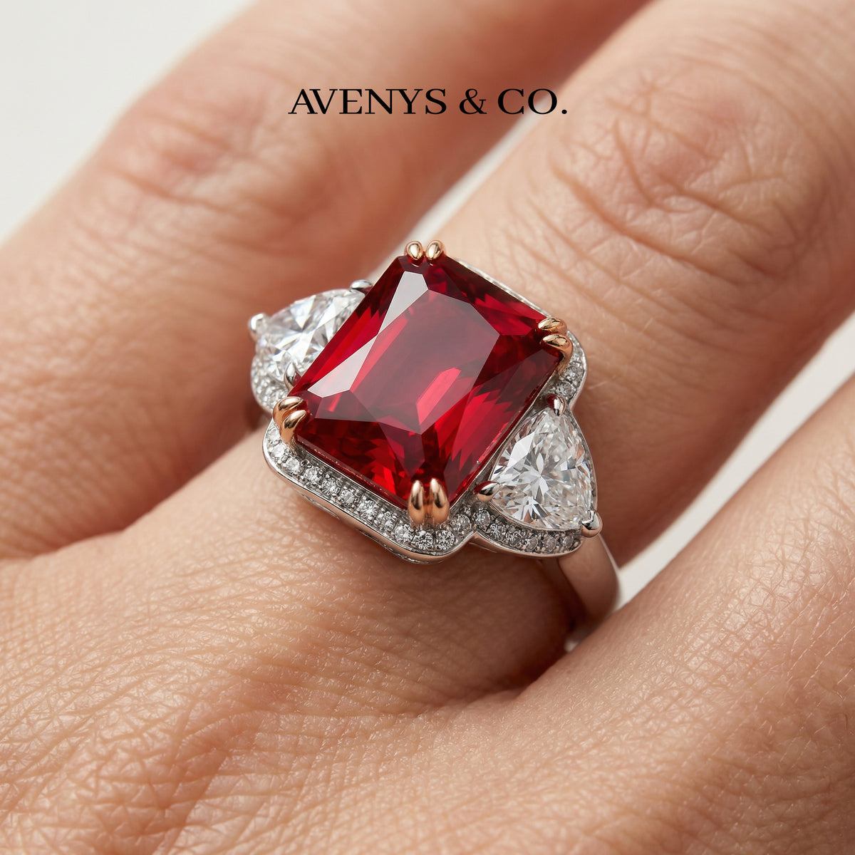 Queens Radiant Ring with Red Radiant Stone – on White Gold
