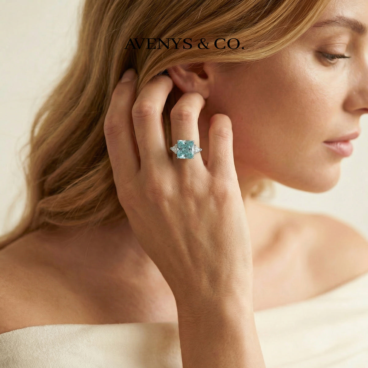 Square Radiant Ring with Aquamarine Radiant Stone – on White Gold