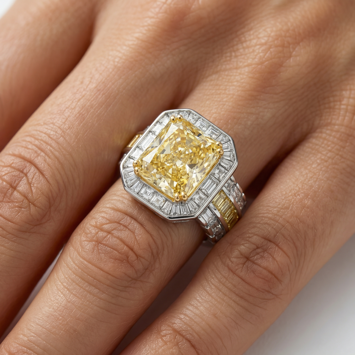 Radiant Halo Pave Ring with Yellow Round Stone – on White Gold