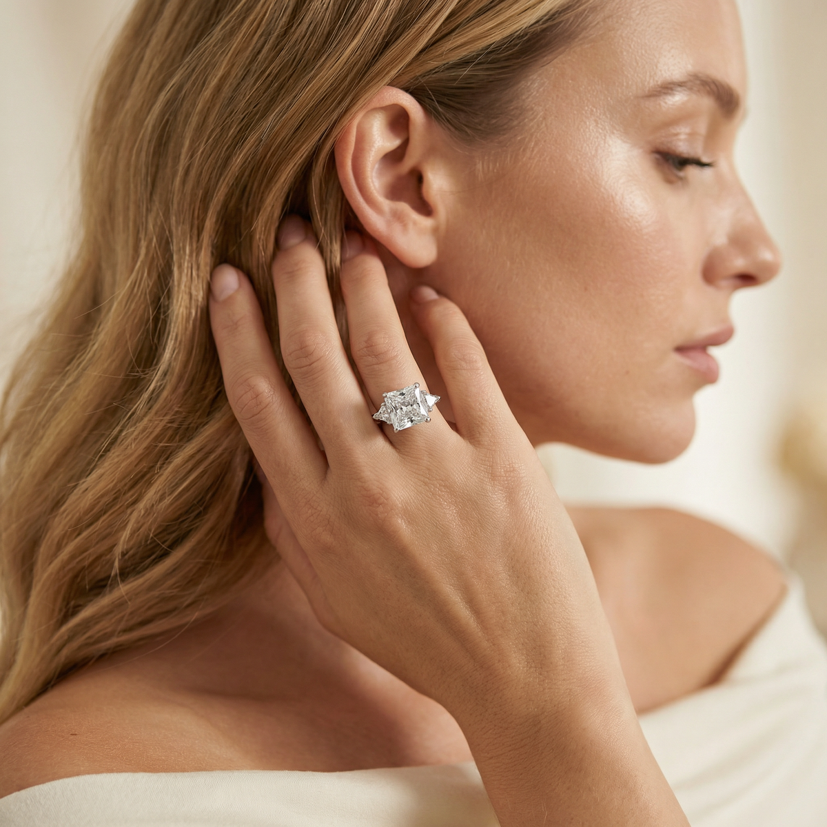 Square Radiant Ring with White Radiant Stone – on White Gold