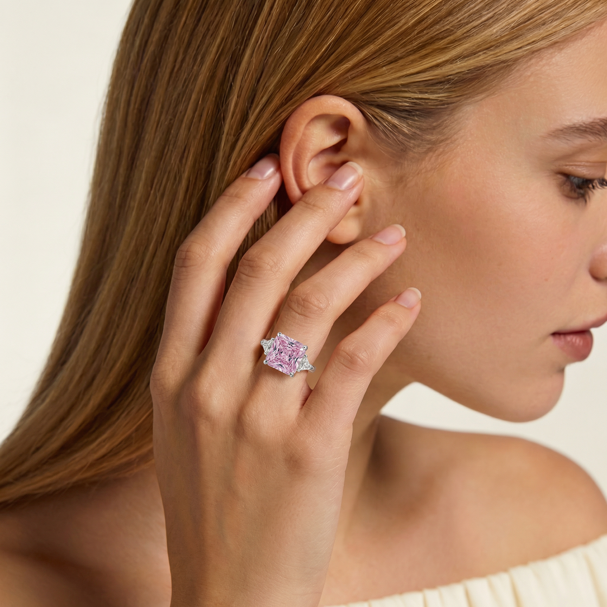 Square Radiant Ring with Pink Radiant Stone – on White Gold