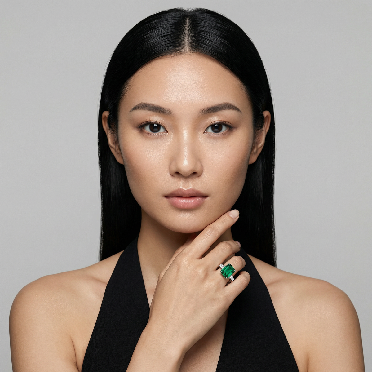 Radiant Trilogy Ring with Green Radiant Stone – on White Gold