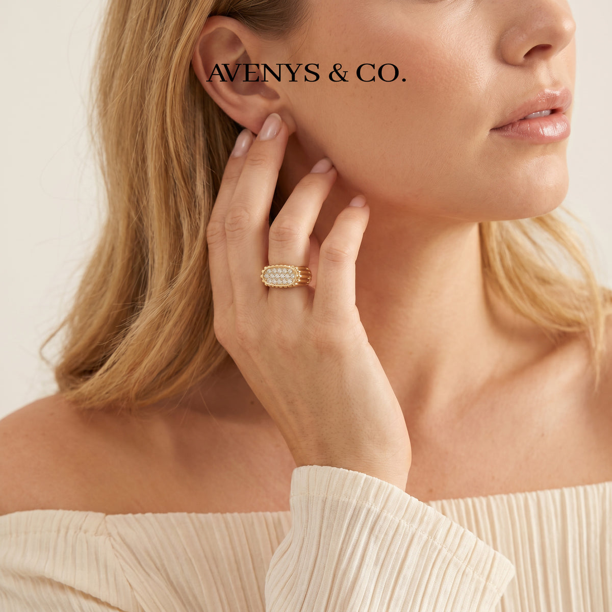 Pave Signet Ring with White Round Stone – on Yellow Gold
