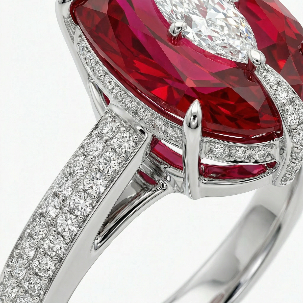 Embrace Queens Ring with Red Oval Stone – on White Gold