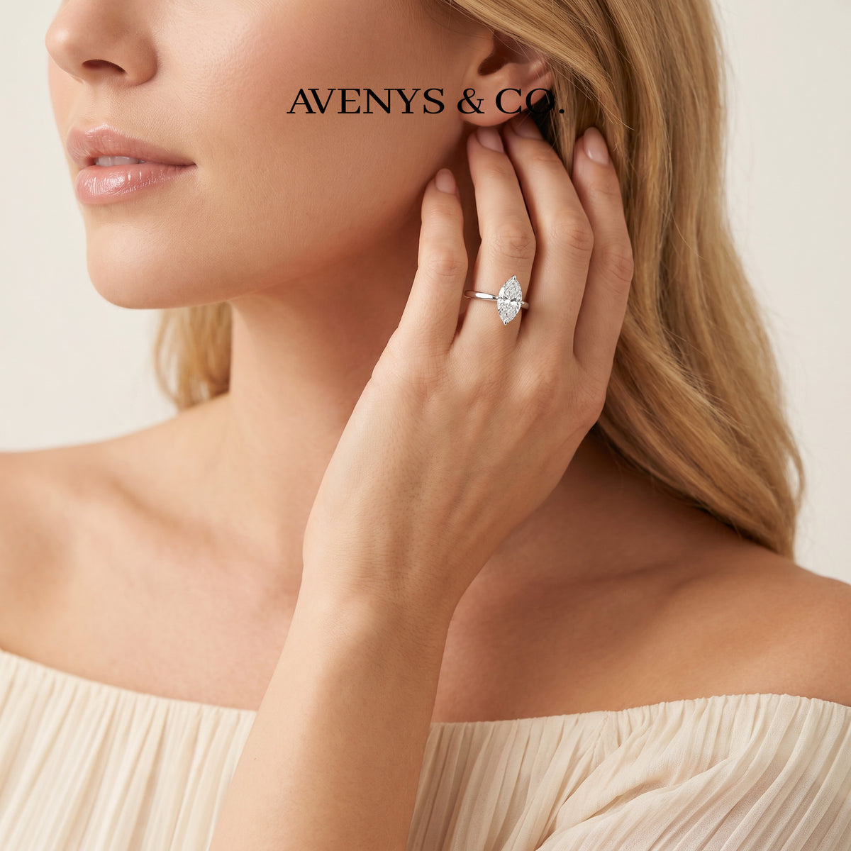 Marquis Solitaire Ring with White Marquise Stone – on White Gold