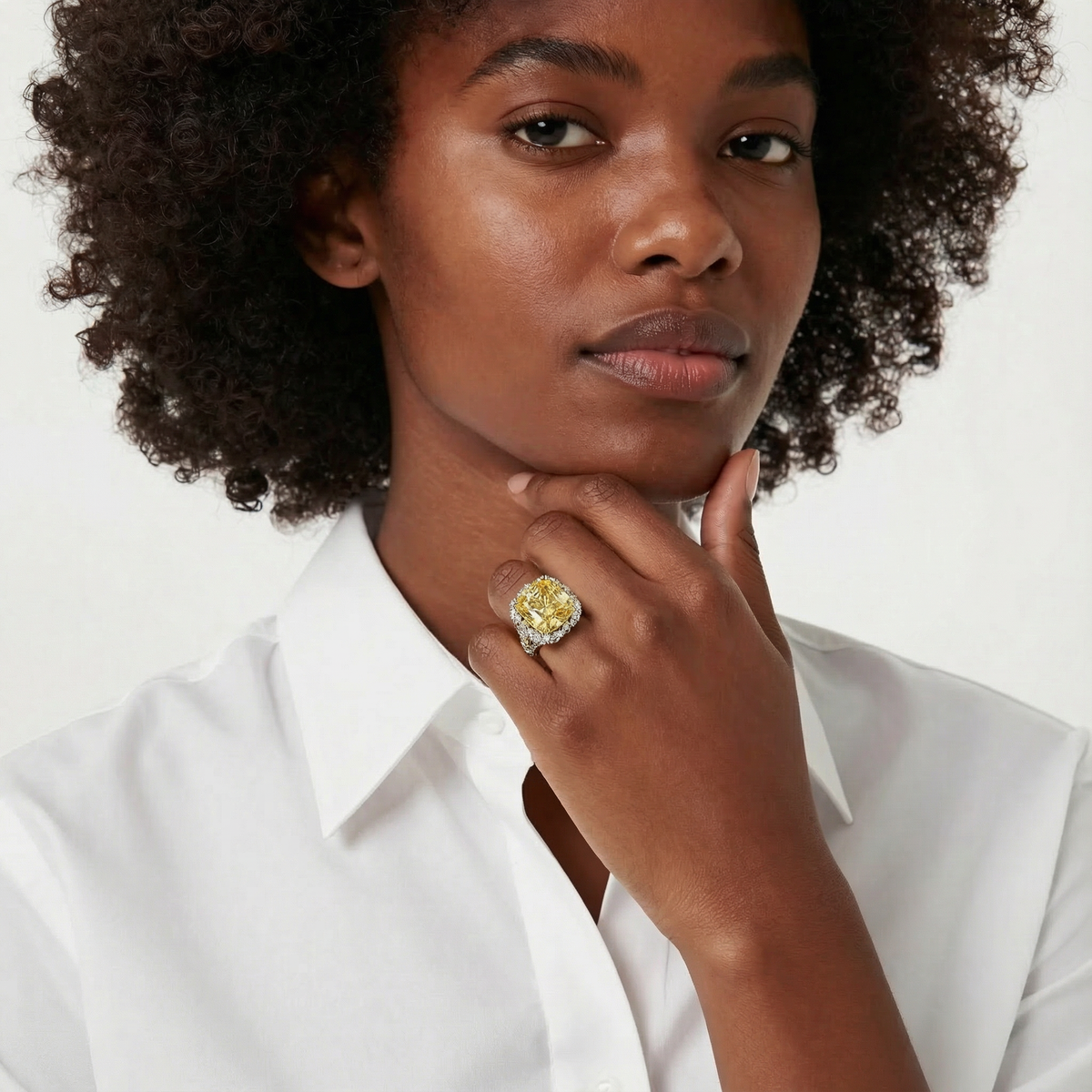 Crown Ring with Yellow Cushion Stone – on White Gold