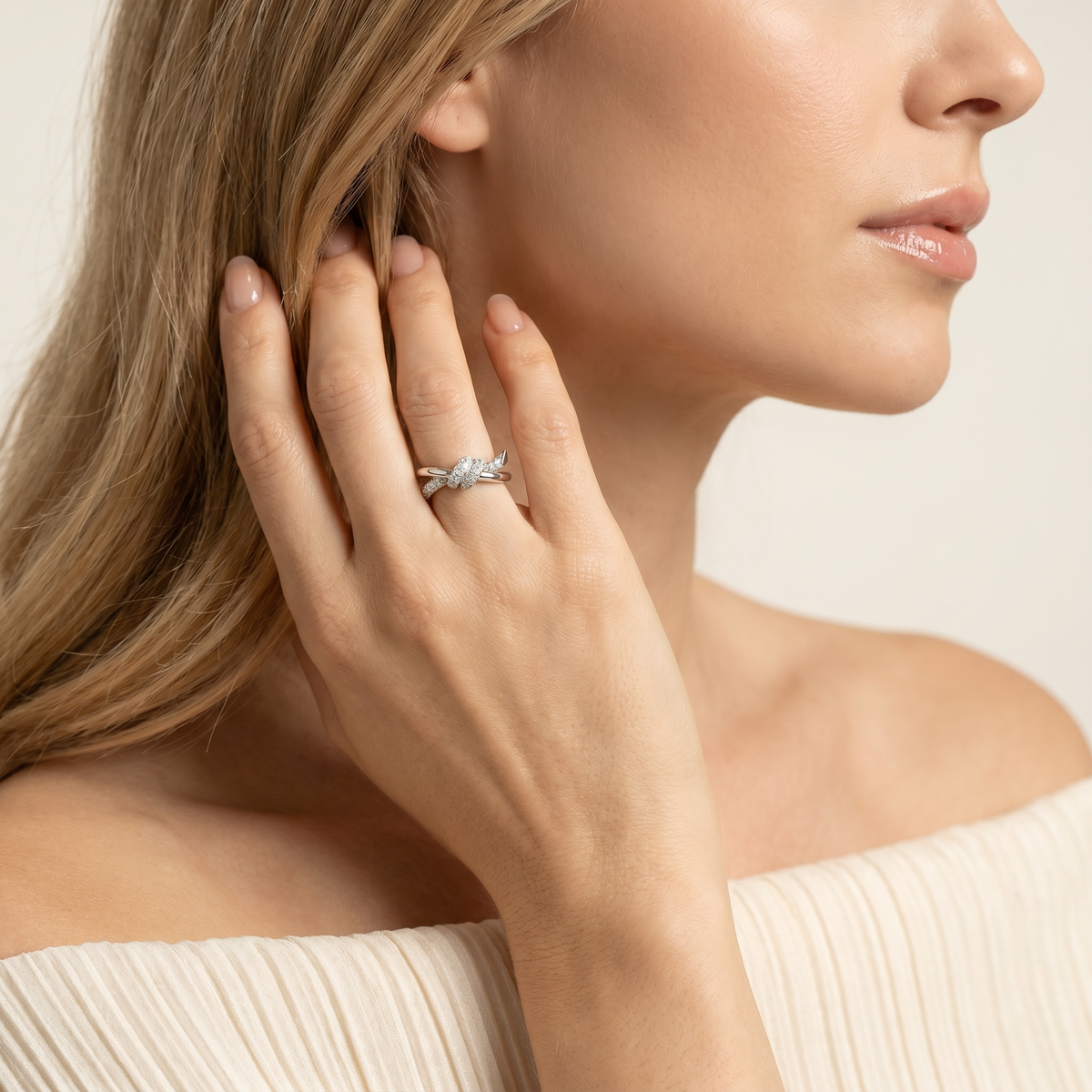 Love Knot Ring with White Round Stone – on White Gold