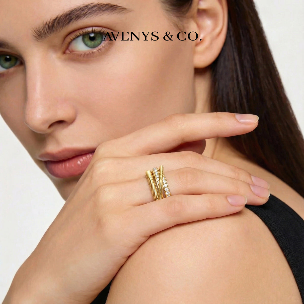 Crossline Pave Ring with White Round Stone – on Yellow Gold