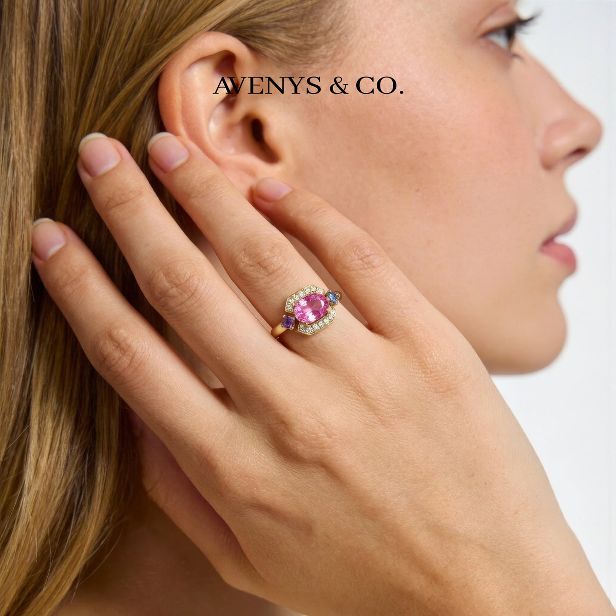 Octavia Halo Ring with Pink Oval Stone – on Yellow Gold