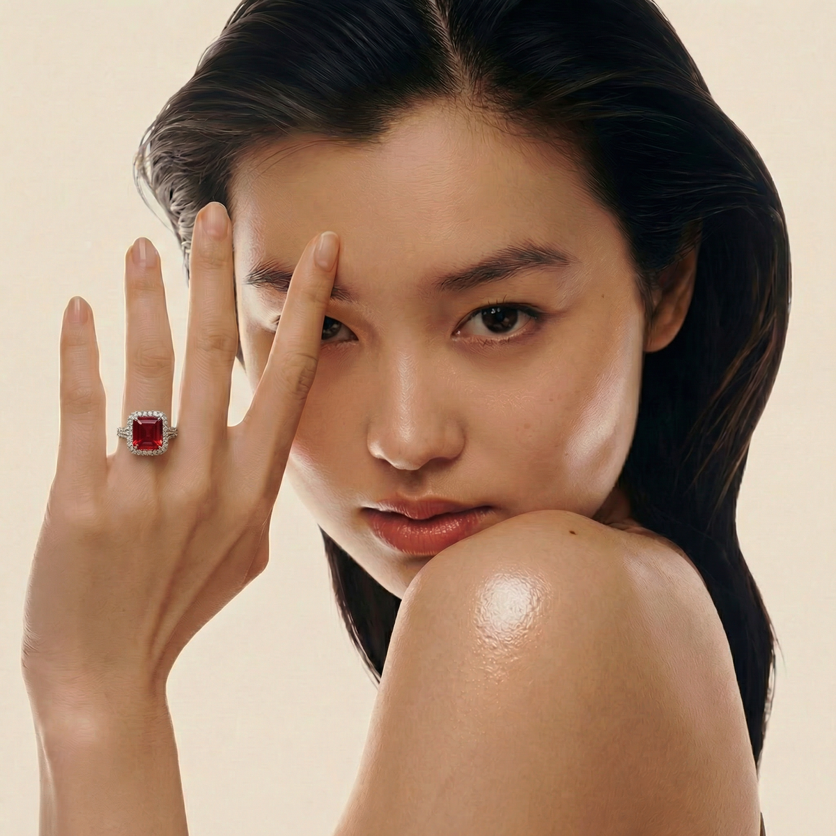 Triple Shank Radiant Ring with Red Radiant Stone – on White Gold