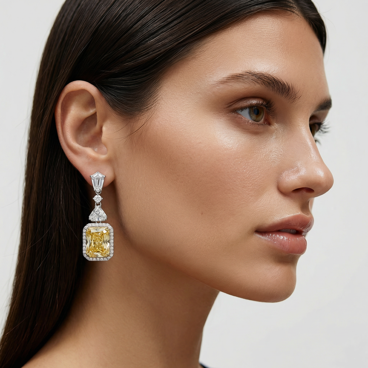 Radiant Drop Earrings with Yellow Radiant Stone – on White Gold