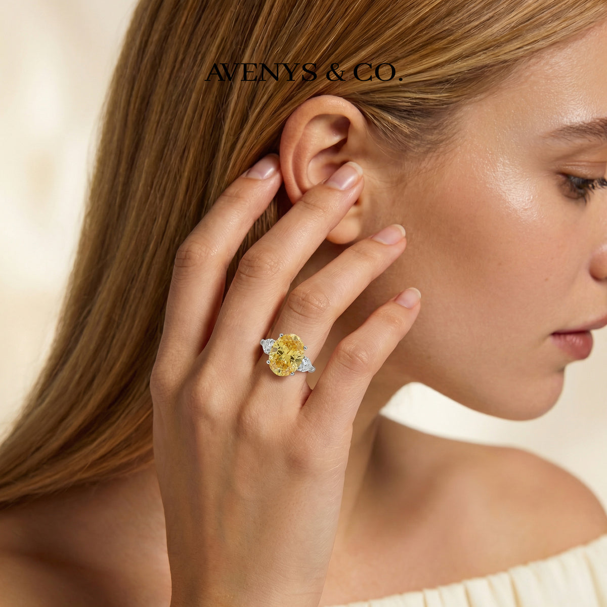 Oval Trilogy Pear Ring with Yellow Oval Stone – on White Gold