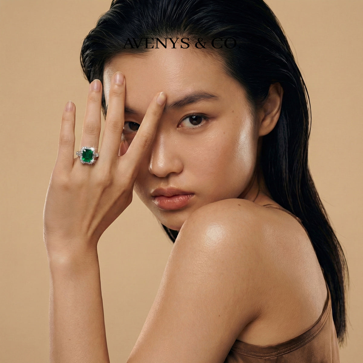 Eden Frame Ring with Green Radiant Stone – on White Gold