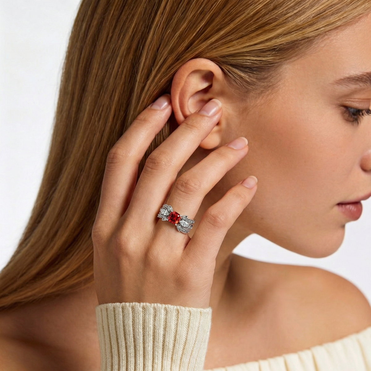 Red Wings Ring with Red Cushion Stone – on White Gold