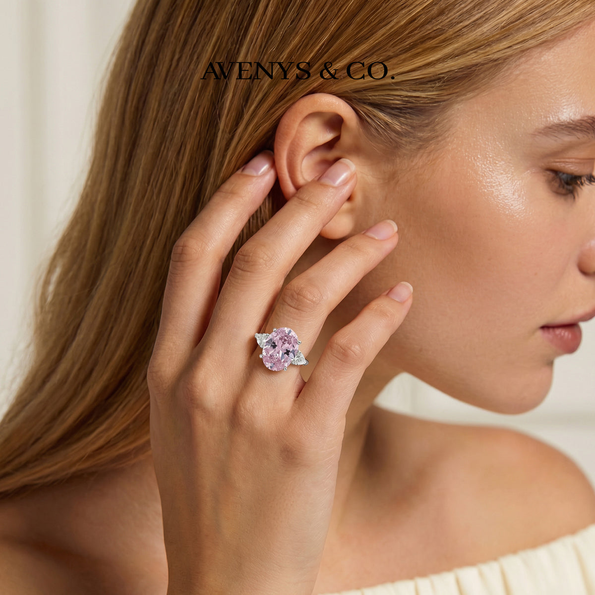 Oval Trilogy Pear Ring with Pink Oval Stone – on White Gold