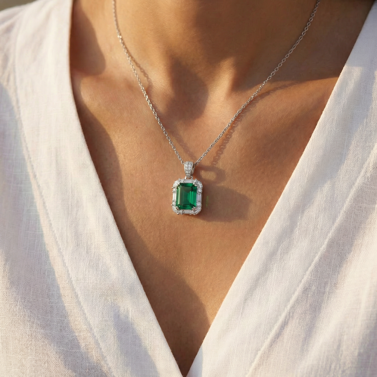 Eden Frame Necklace with Green Radiant Stone – on White Gold