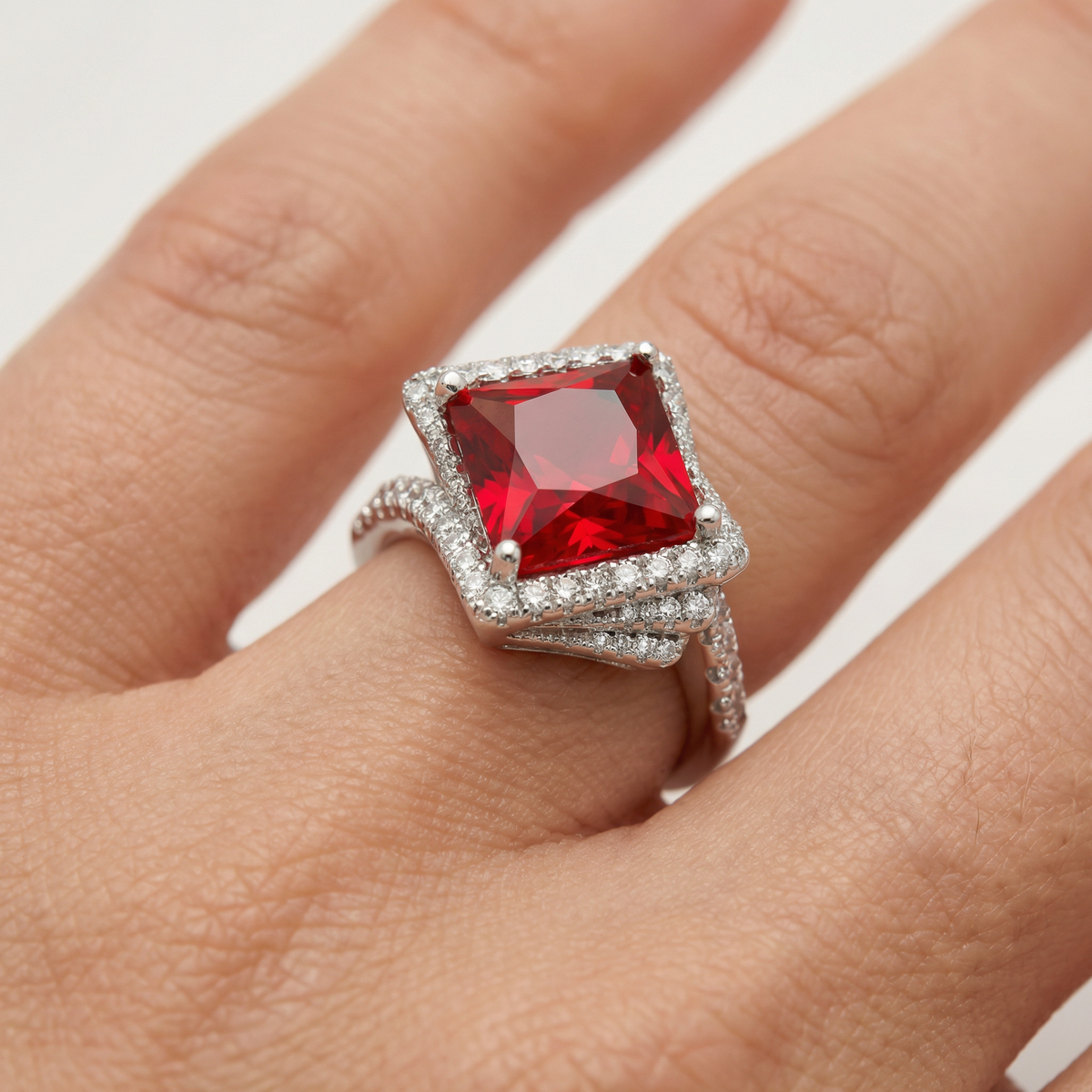 Side Radiant Ring with Red Radiant Stone – on White Gold