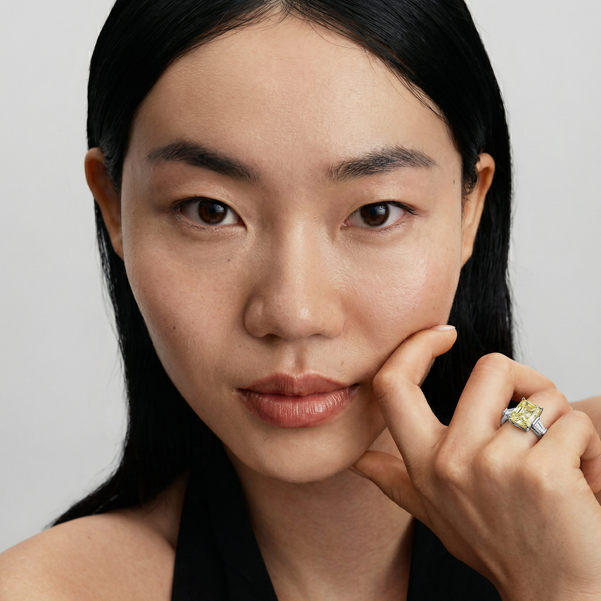 Radiant Trilogy Ring with Yellow Radiant Stone – on White Gold