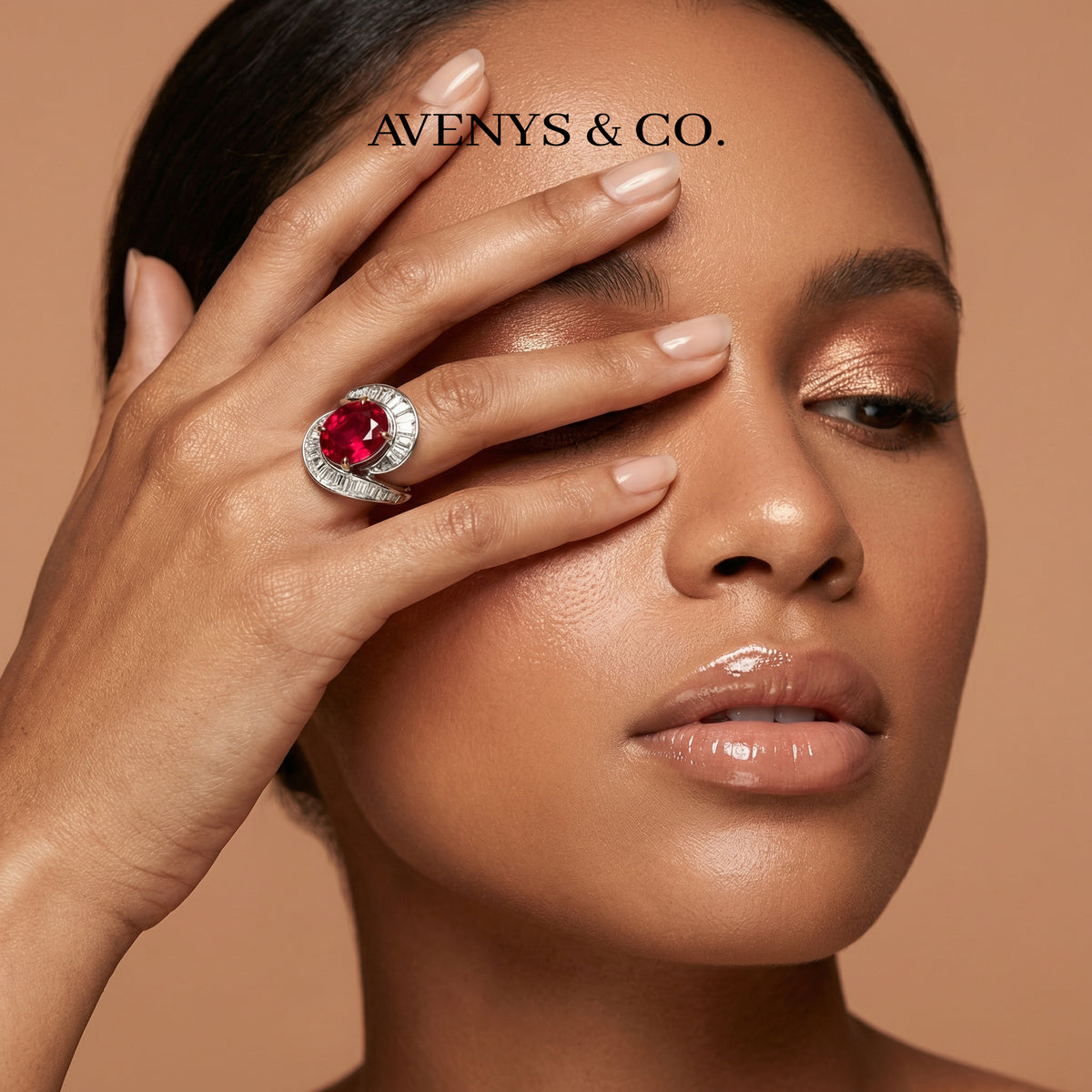 Eclipse Ring with Avenys Created Pigeon Blood Oval Ruby – on White Gold