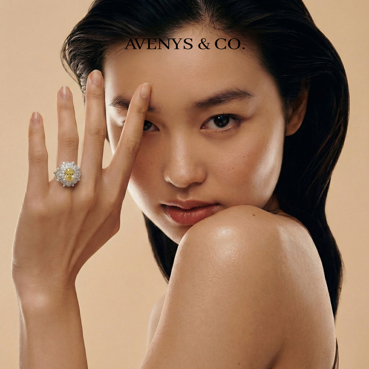Bloom Burst Ring with Yellow Oval Stone – on White Gold