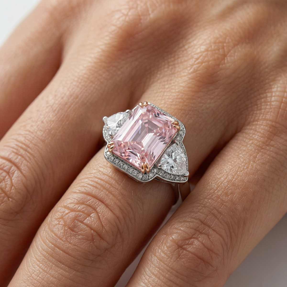 Queens Radiant Ring with Pink Round Stone – on White Gold