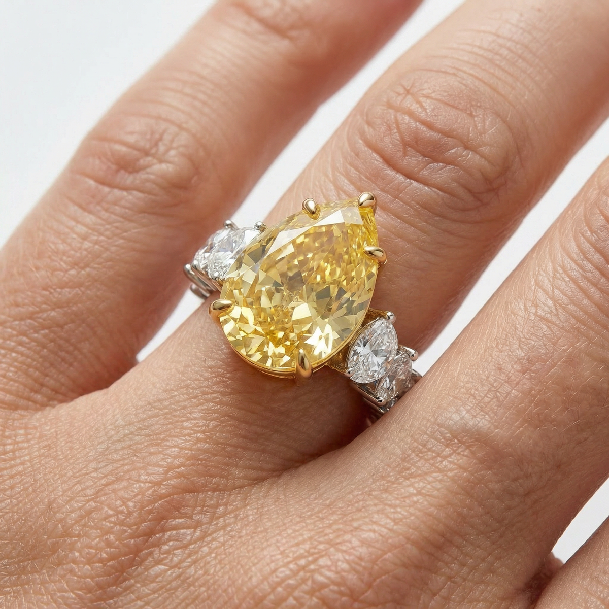 Queens Pear Pave Solitaire with Yellow Pear Stone – on White Gold