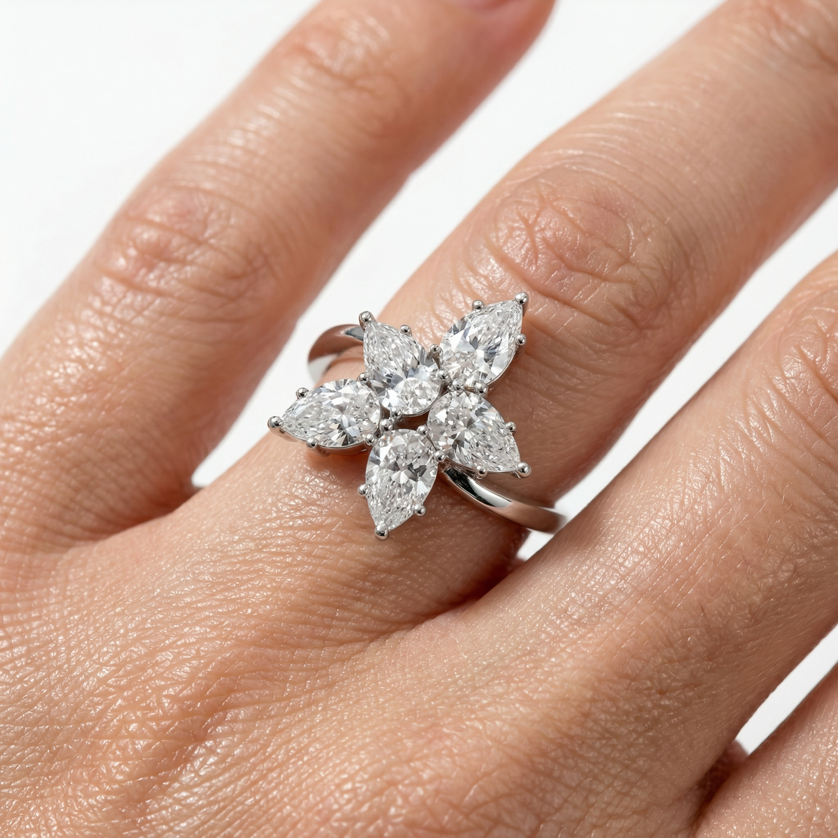 Cluster Ring with White Pear Stone – on White Gold