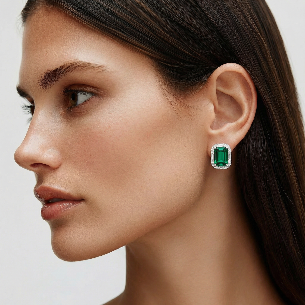 Eden Frame Earrings with Green Radiant Stone – on White Gold
