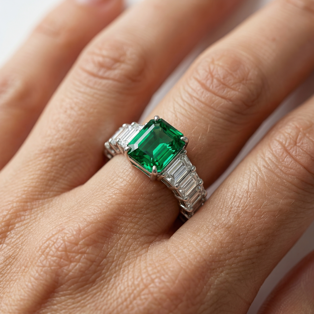 Princess Eternity Ring with Green Radiant Stone – on White Gold