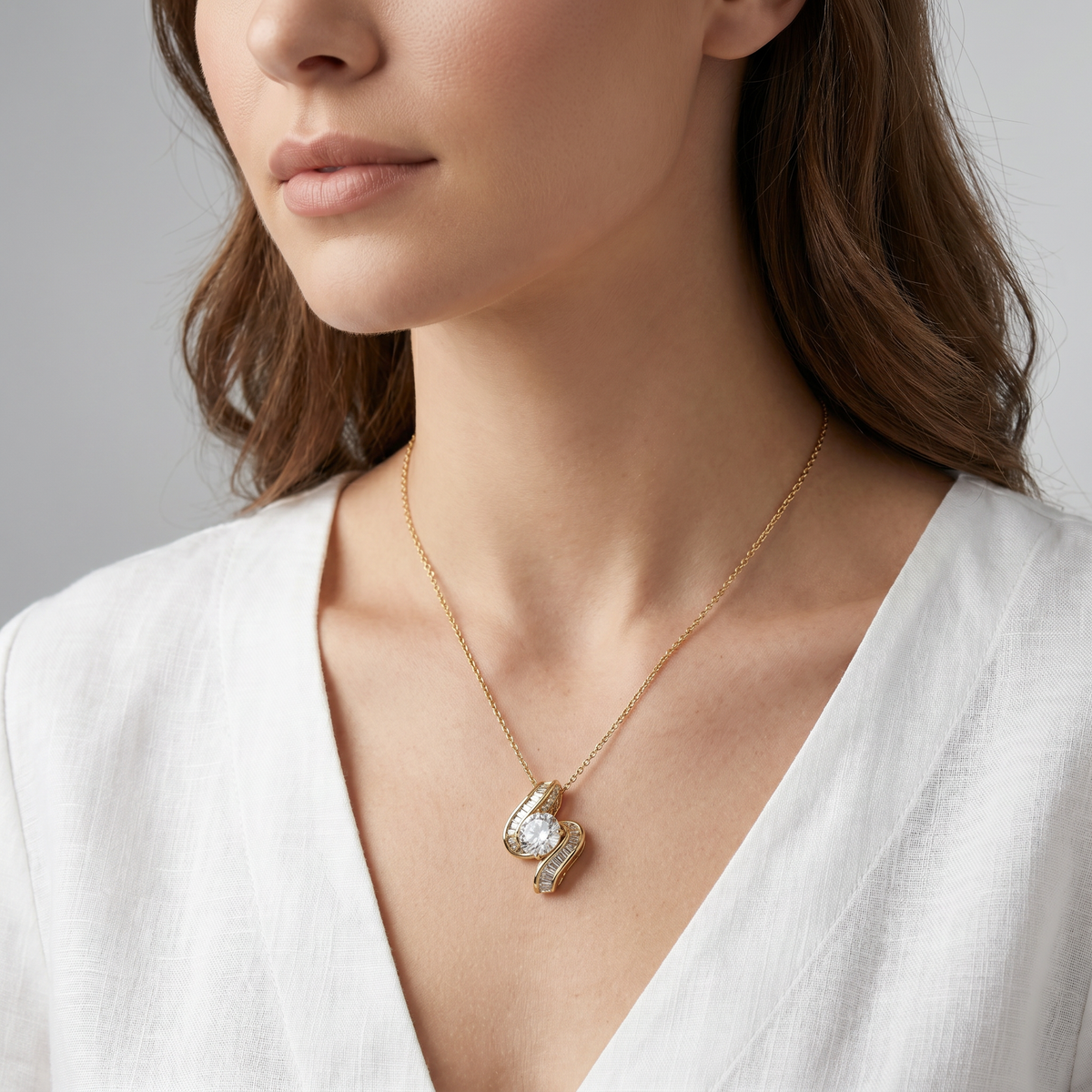 Bypass Solitaire Necklace with White Oval Stone – on White Gold