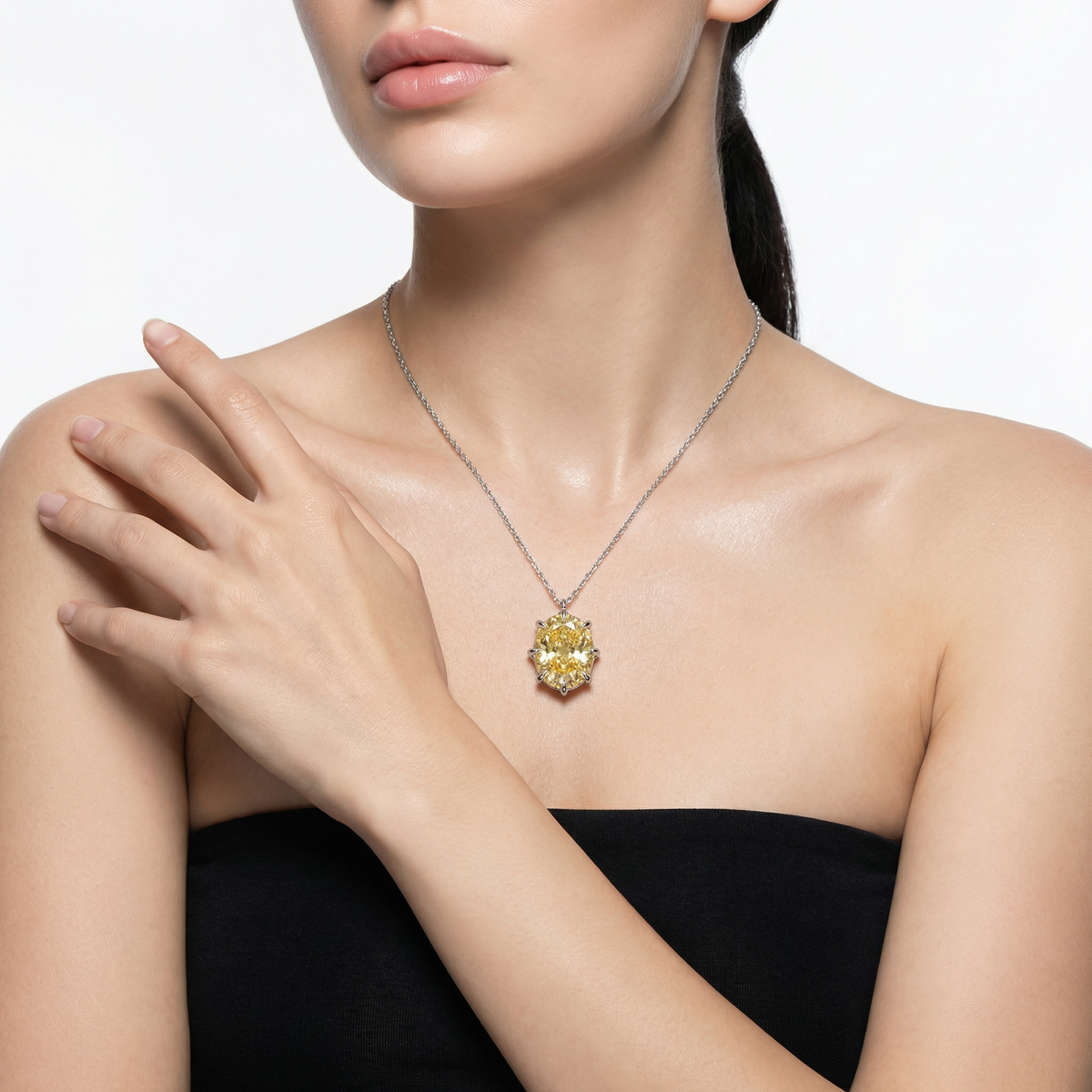Queens Pendant Necklace with Yellow Oval Stone – on White Gold