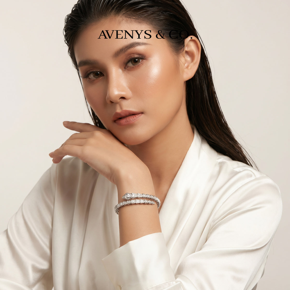 Coil Full Pave Bangle with White Round Stone – on White Gold