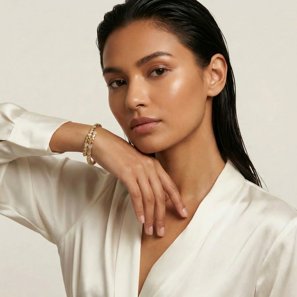 Chevron  Bangle with White Round Stone – on Yellow Gold