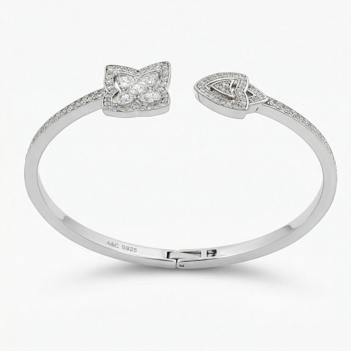 Lotus Bangle with White Round Stone – on White Gold