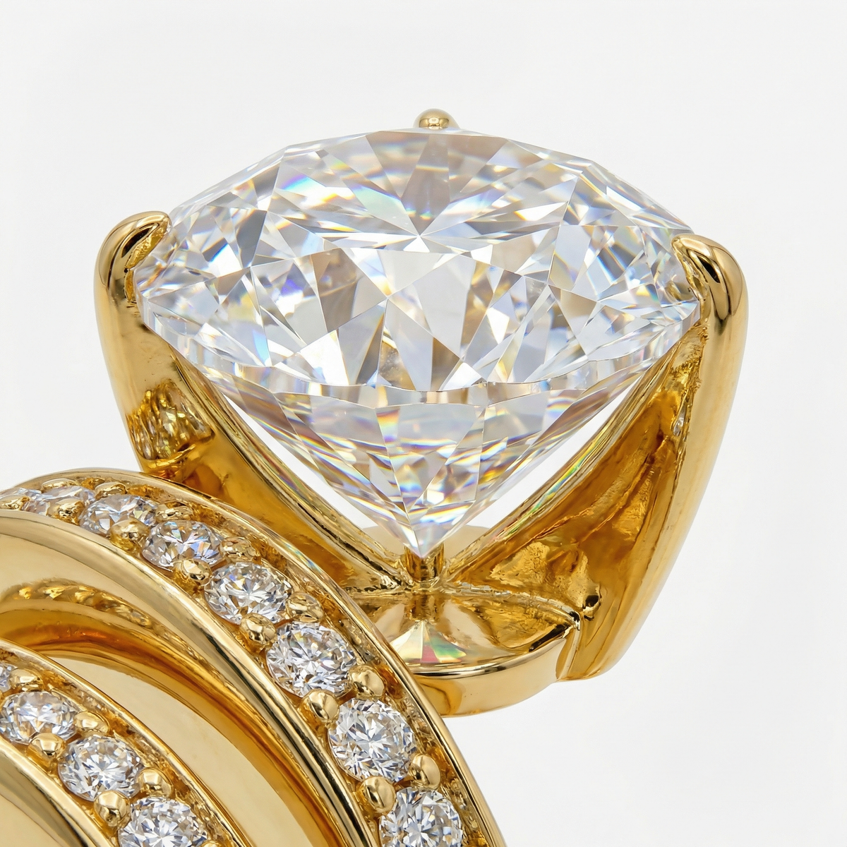 Wave Pave Double Ring with White Pear Stone – on Yellow Gold