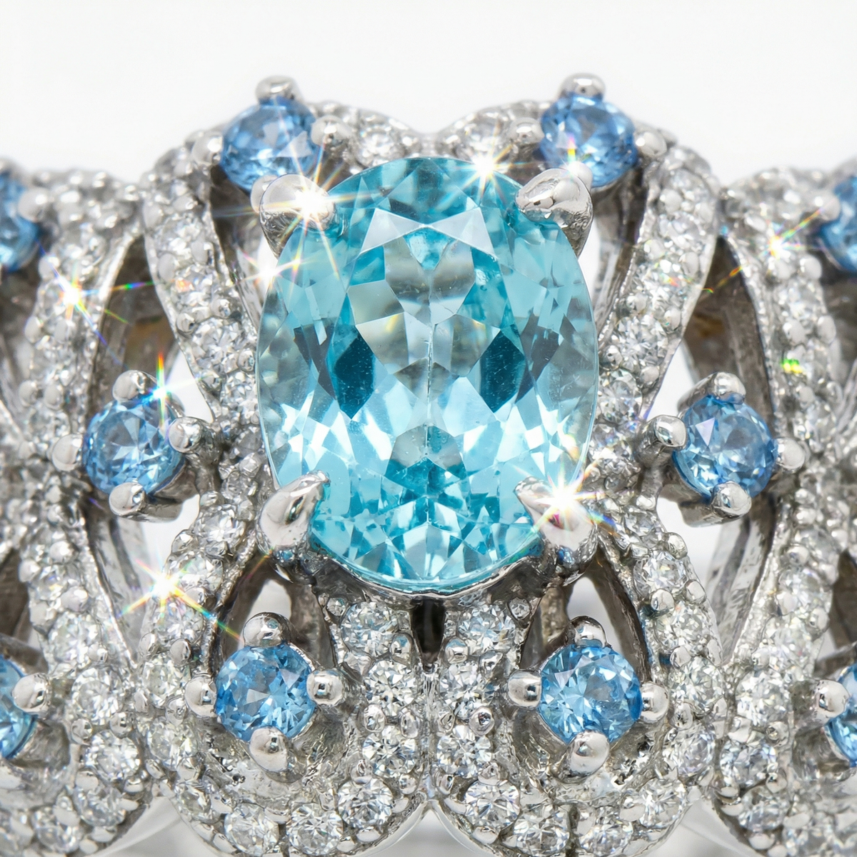 Floral Garden Ring with Aquamarine Oval Stone – on White Gold