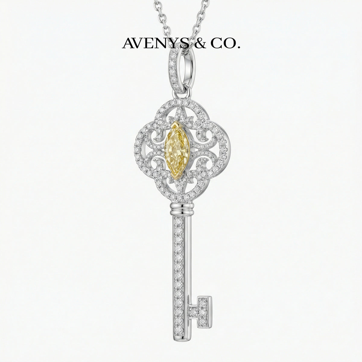 Key Necklace with White Round Stone – on White Gold