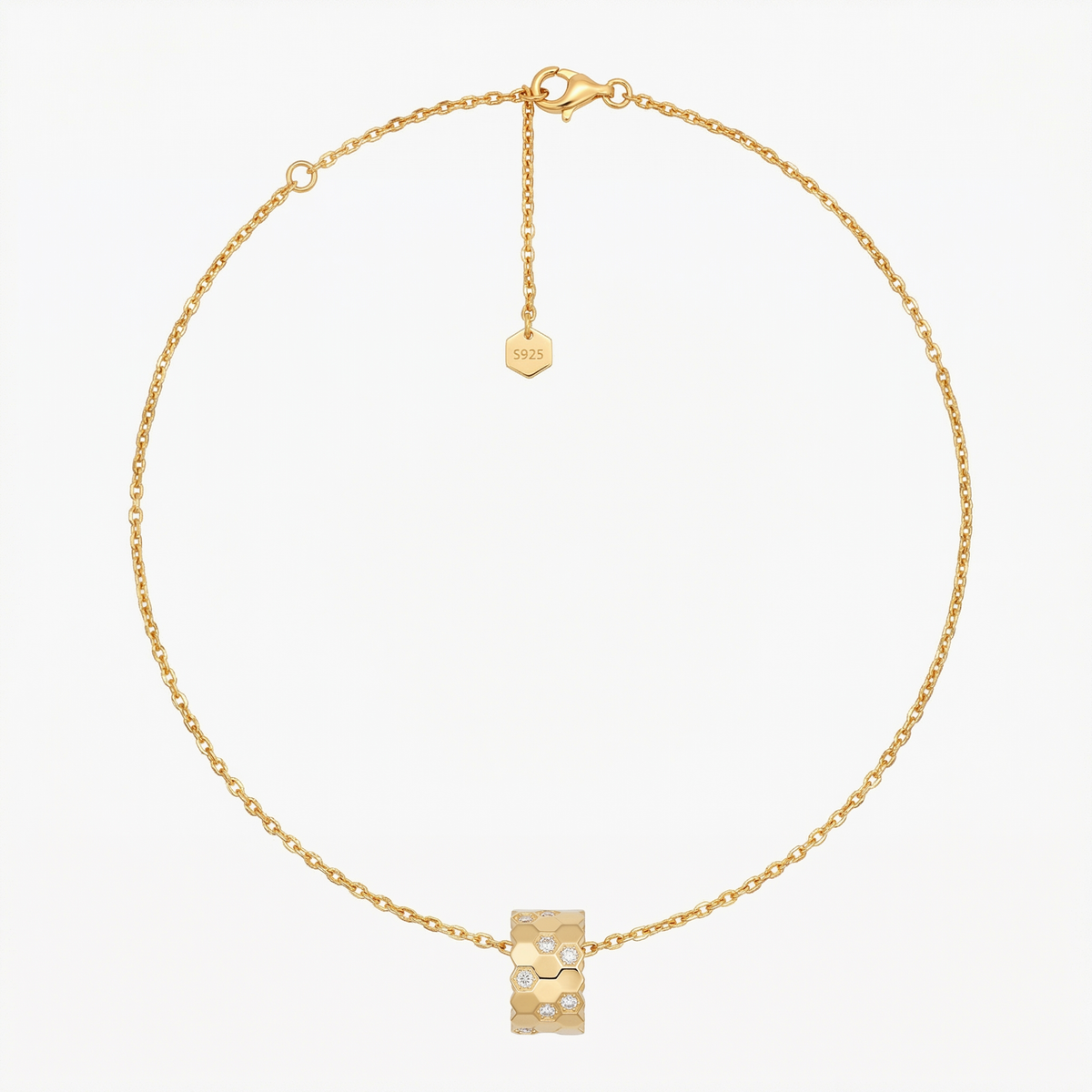 Honeycomb Necklace with White Round Stone – on Yellow Gold