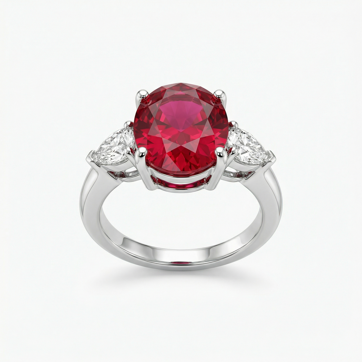 Oval Trilogy Pear Ring with Red Oval Stone – on White Gold