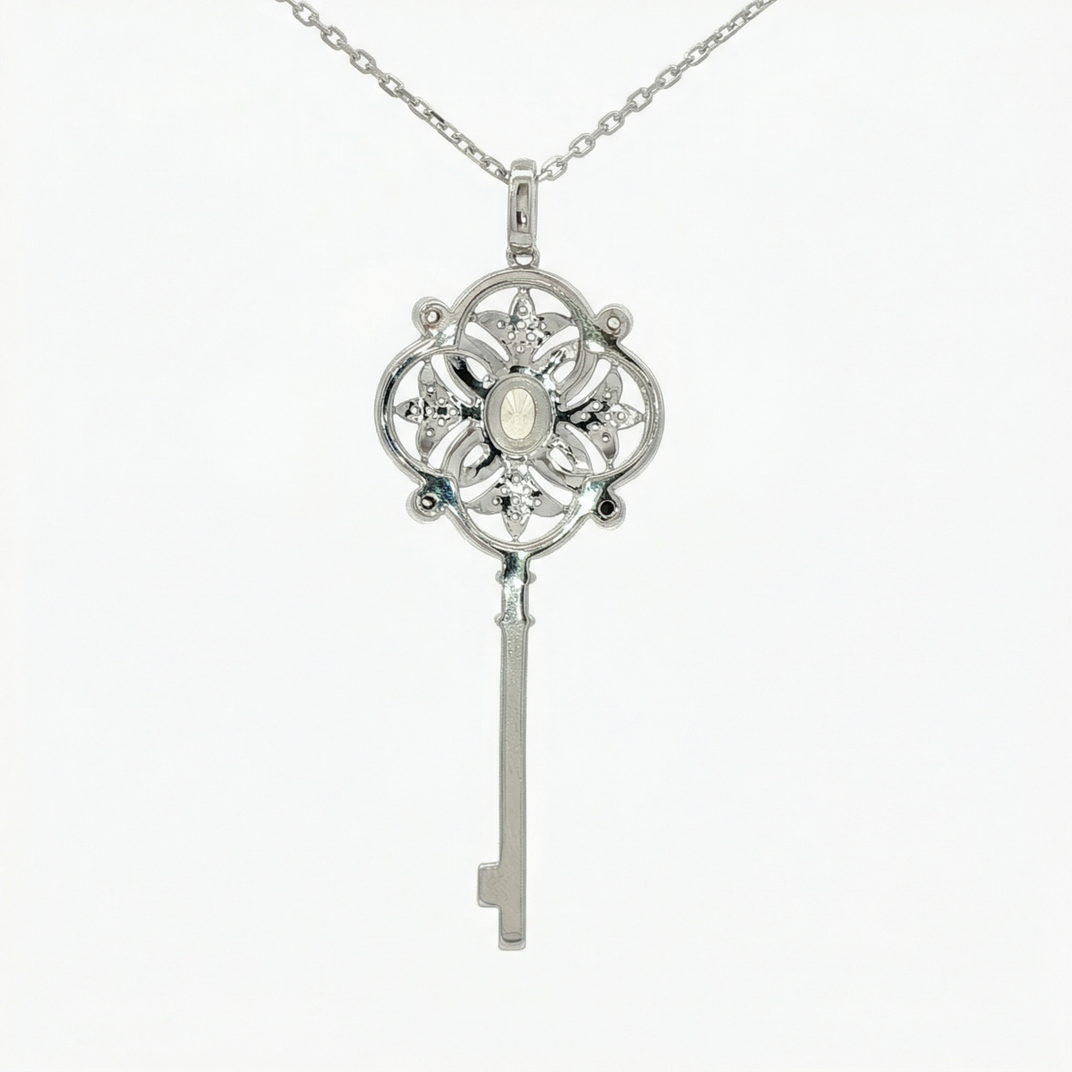 Key Necklace with White Round Stone – on White Gold