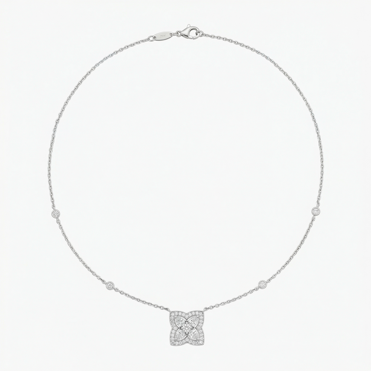 Lotus Small Necklace with White Round Stone – on White Gold