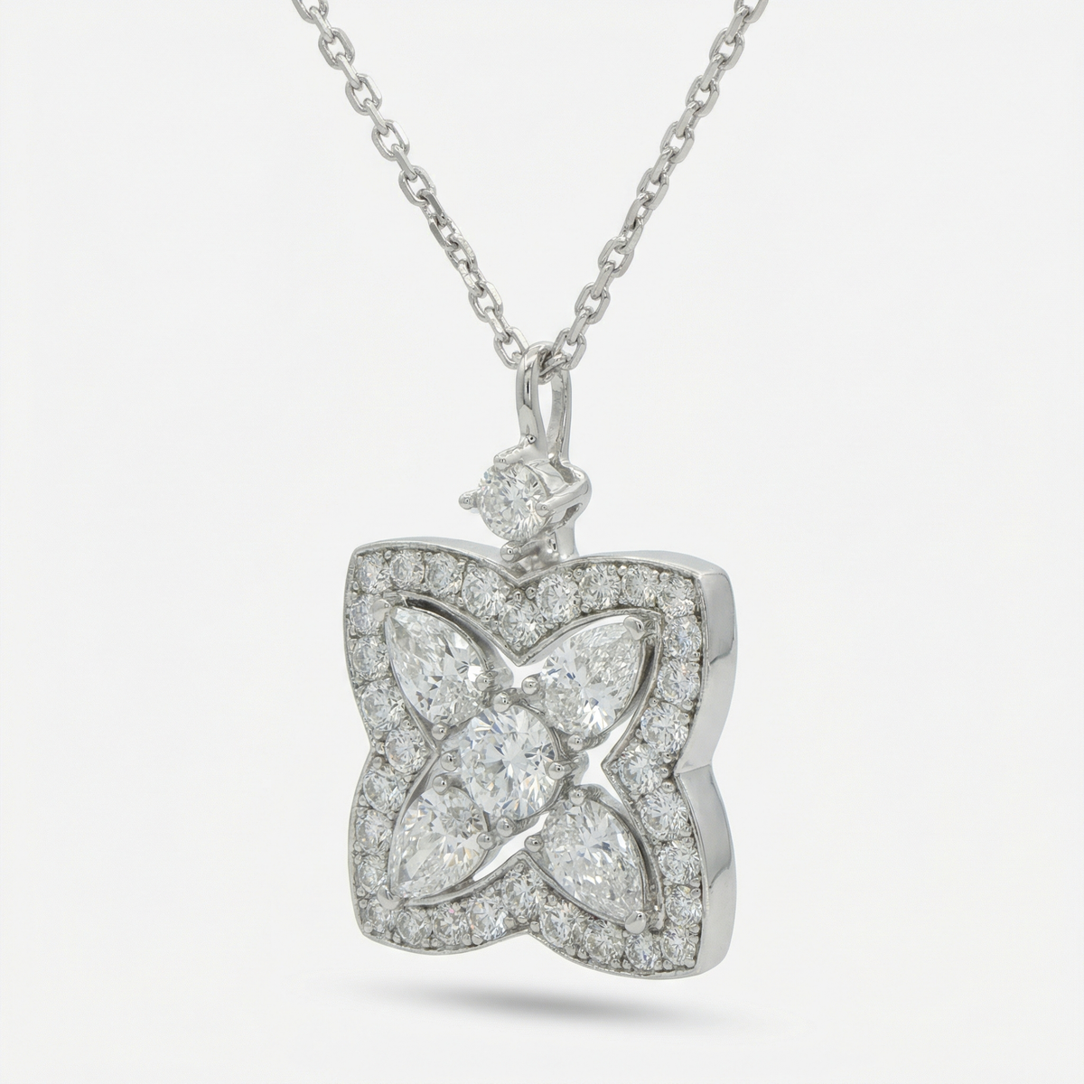 Lotus Classic Necklace with White Round Stone – on White Gold