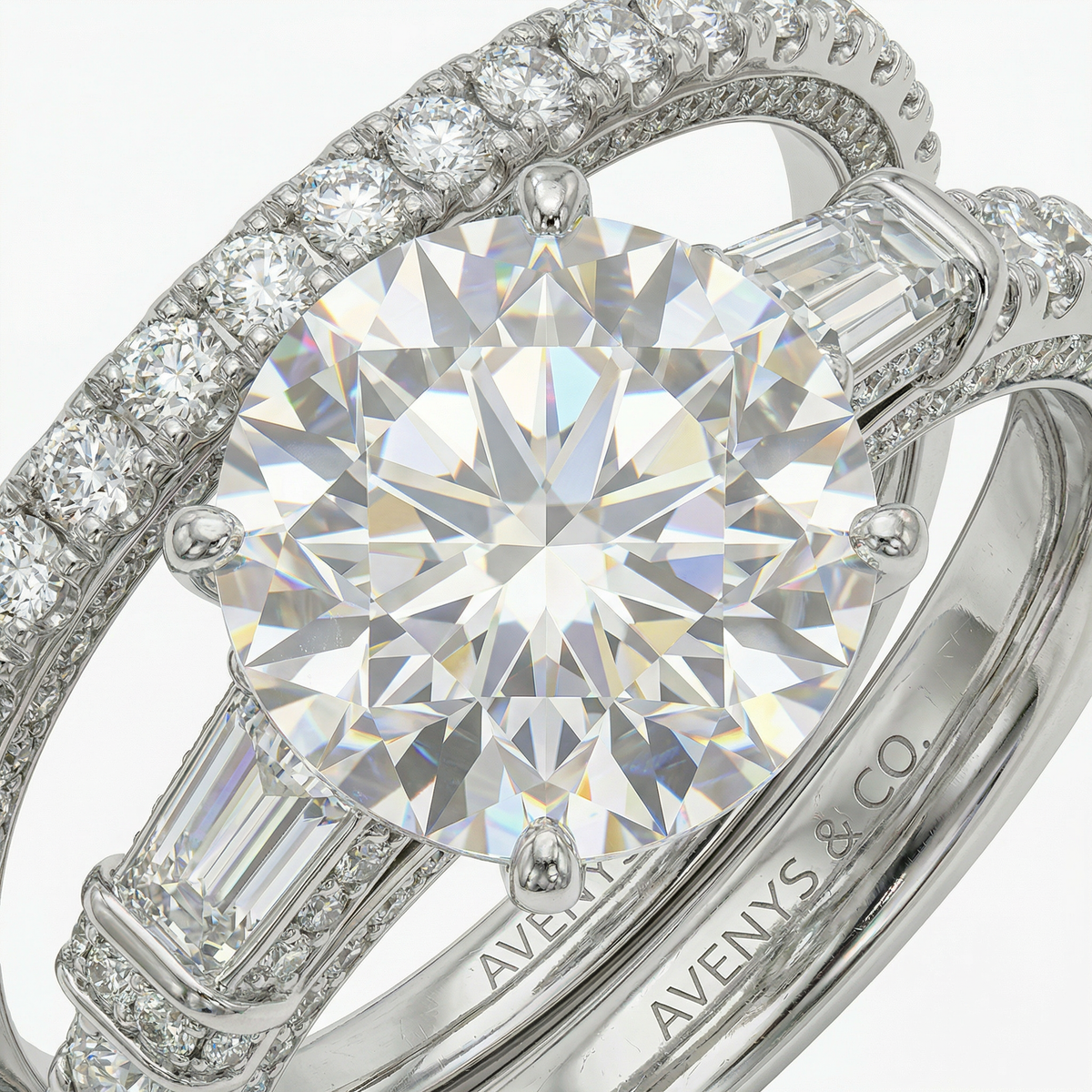 Trilogy Pave Solitaire Ring with Stacking Band with White Round Stone – on White Gold
