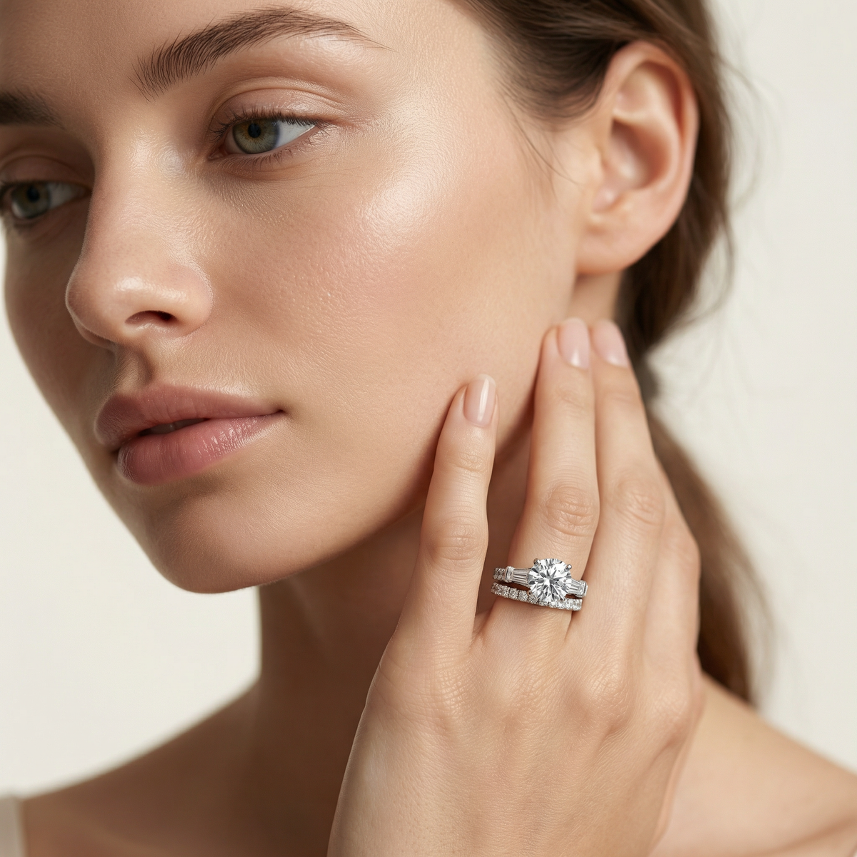 Trilogy Pave Solitaire Ring with Stacking Band with White Round Stone – on White Gold