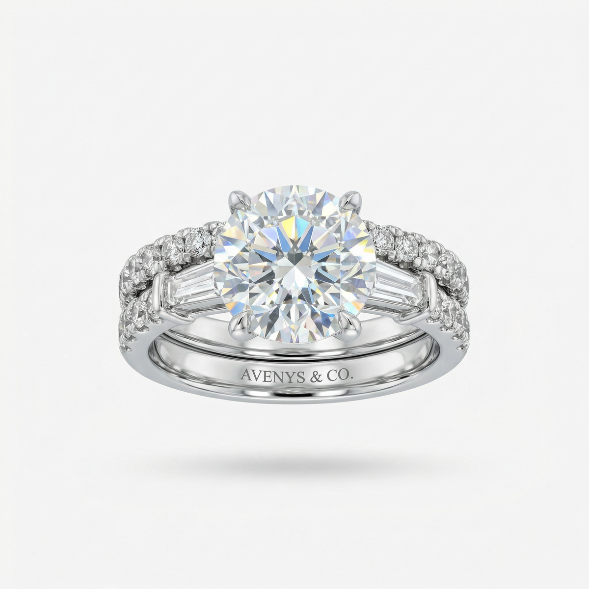 Trilogy Pave Solitaire Ring with Stacking Band with White Round Stone – on White Gold