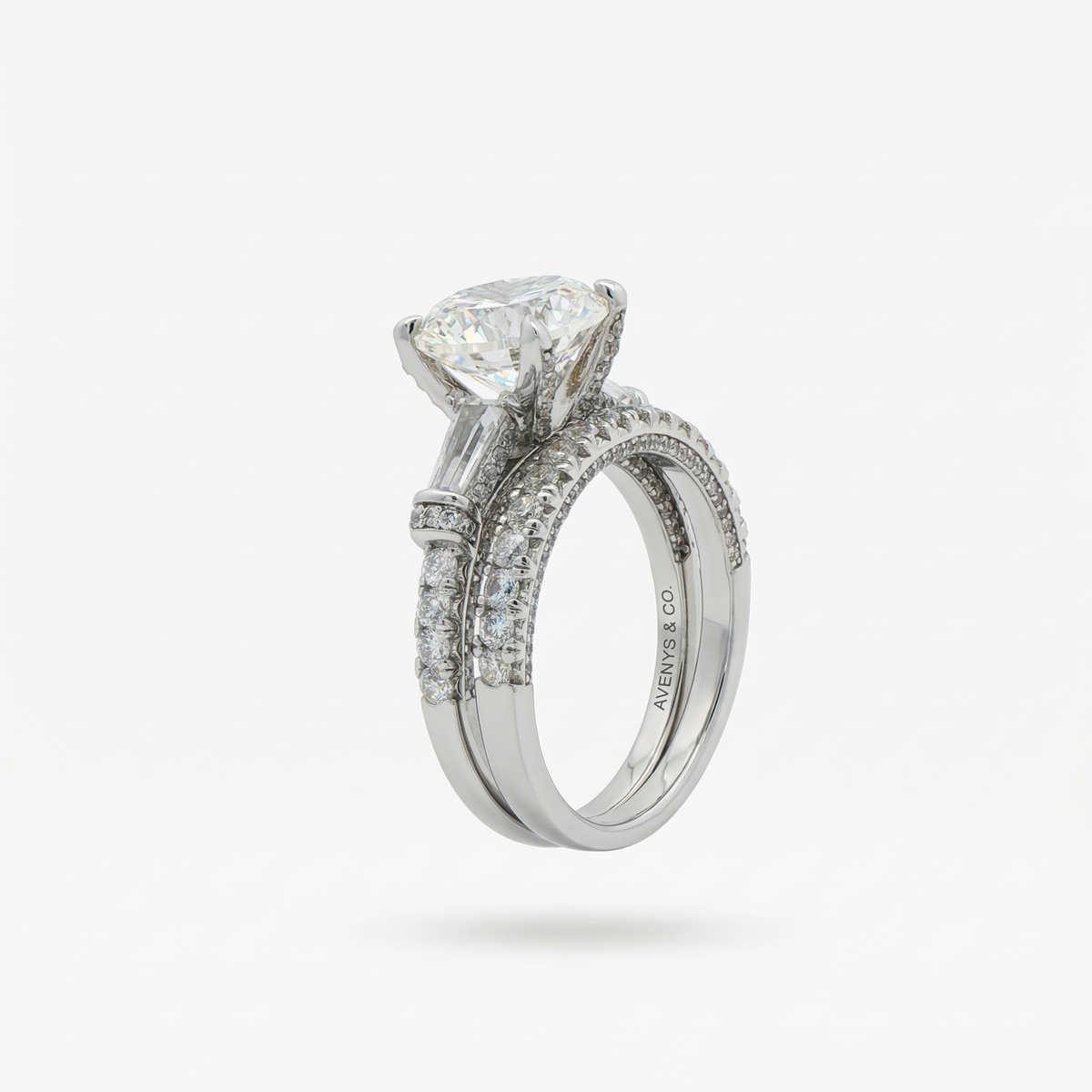 Trilogy Pave Solitaire Ring with Stacking Band with White Round Stone – on White Gold
